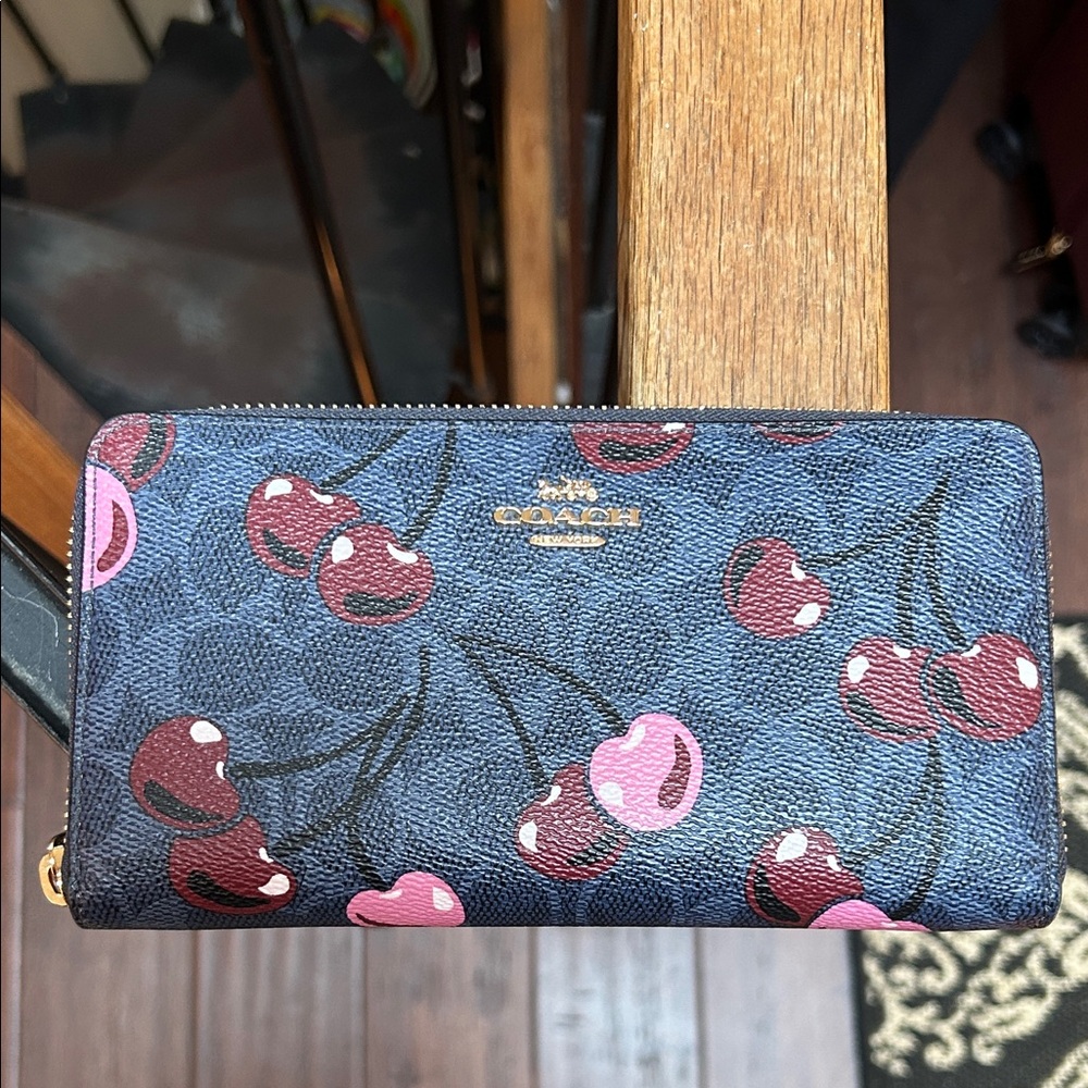 Coach Blue and Pink Cherry Print Wallet